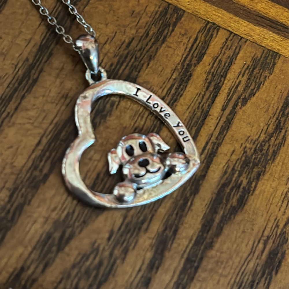 Silver Heart Pendant Necklace with dog and saying “I love you” 925 stamped